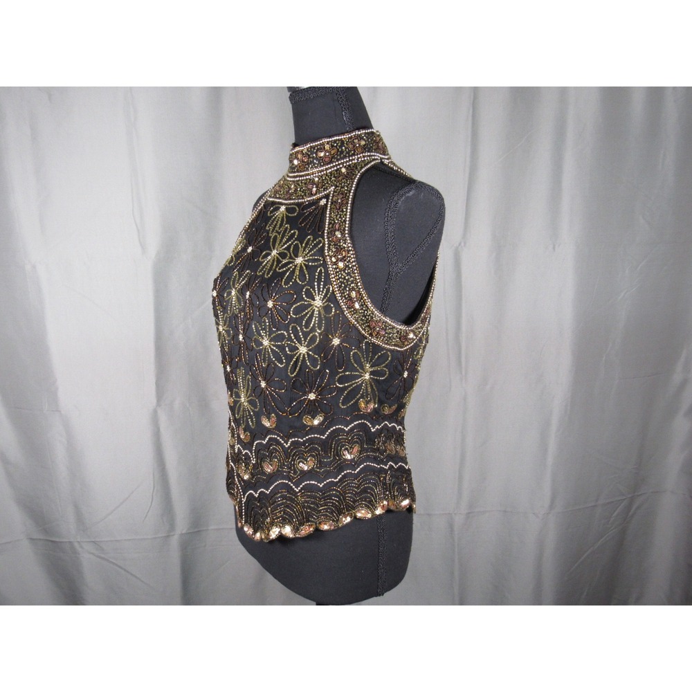 Papell Boutique Evening Black Silk Beaded Halter Top Mock Neck Scalloped Medium - Picture 2 of 8